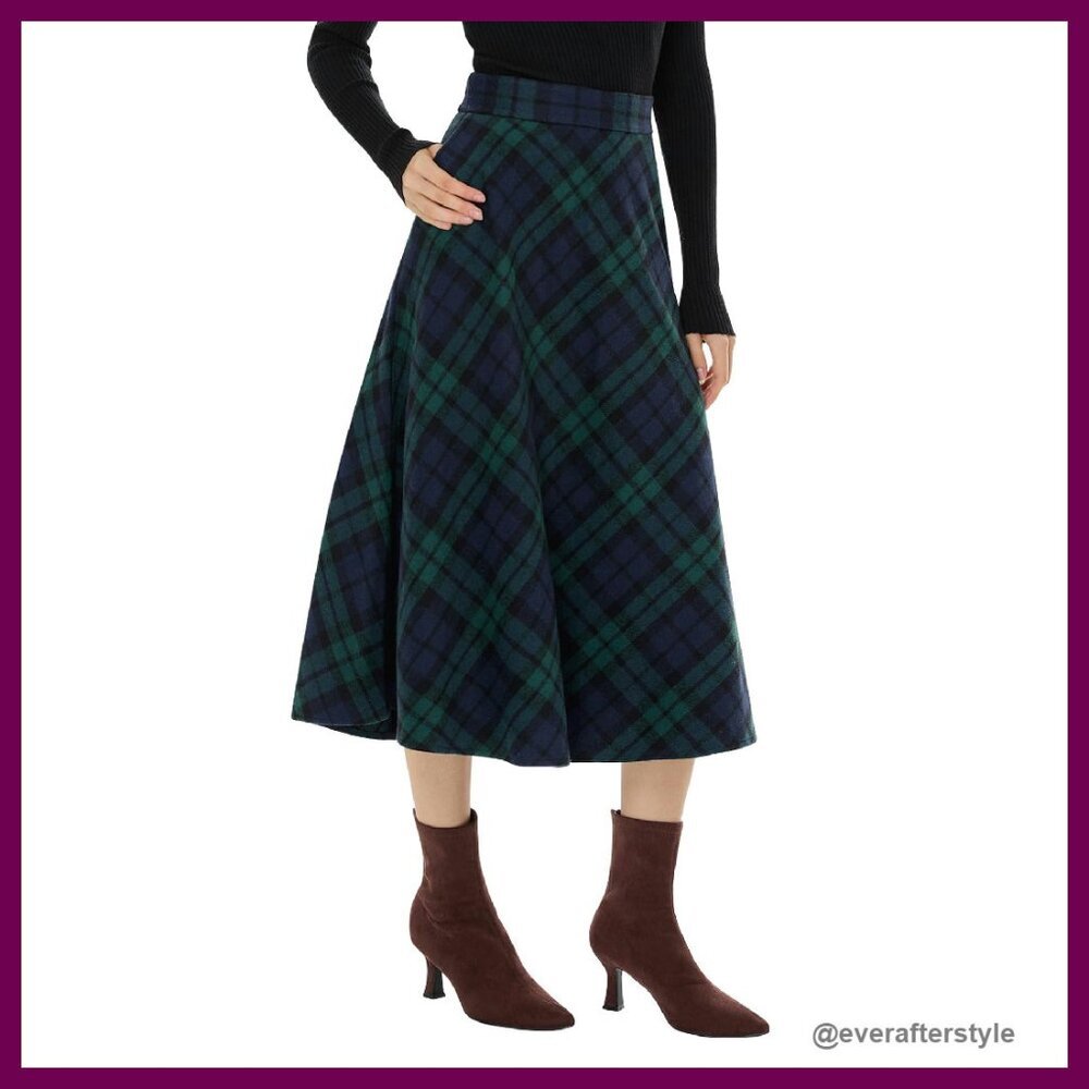 Vintage Wool Plaid Maxi Skirt High Waist A-Line Flared Elegant Fall Winter